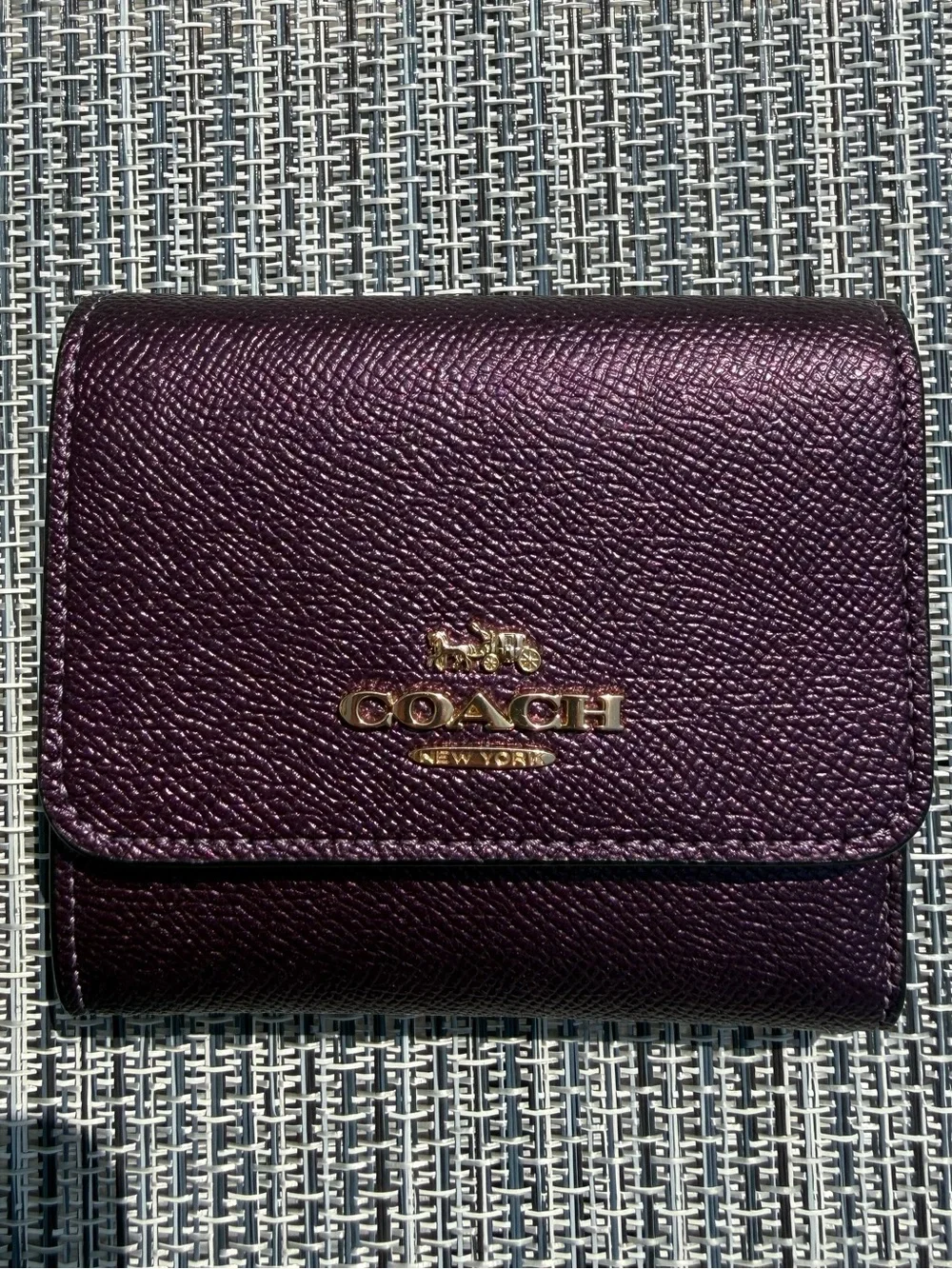 Coach metallic purple trifold button wallet